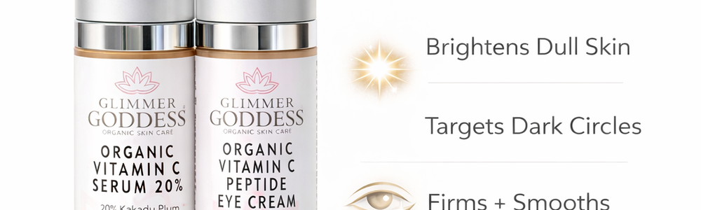 Glimmer Goddess Organic Vitamin C Glow Duo featured in a guide to layering vitamin C face serum and eye serum.