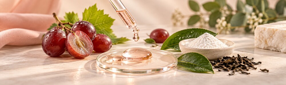 Serum droplets with grapes, green tea, and niacinamide powder