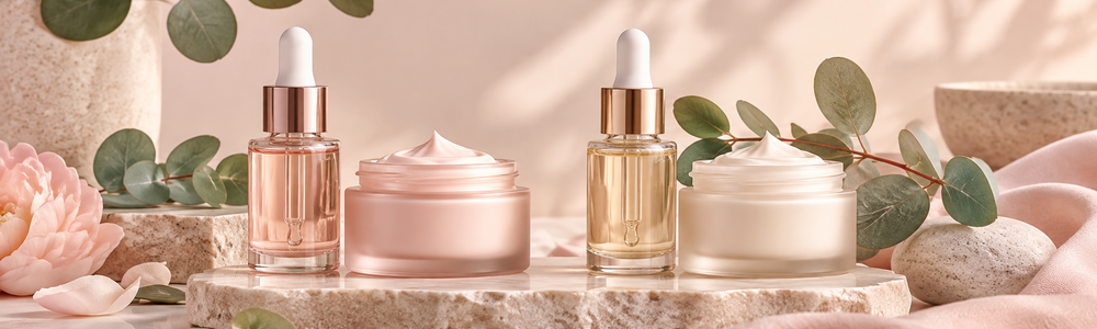 Two coordinated serum and moisturizer skincare duos