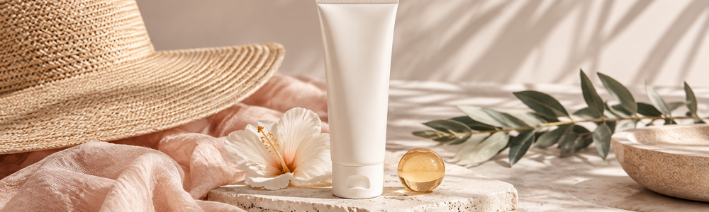 High-performance sunscreen concept with sun hat and unlabeled sun-care tube
