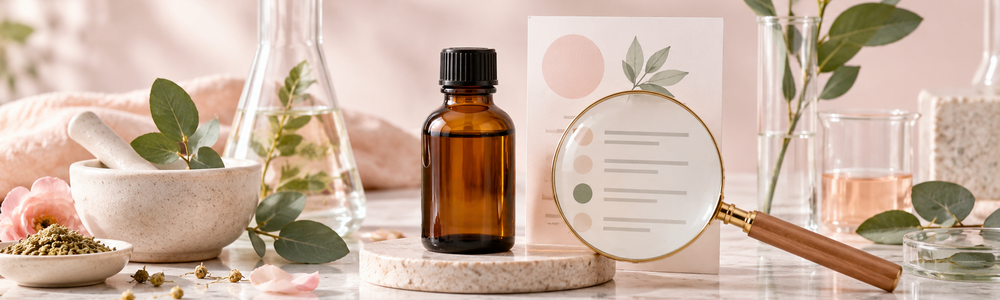 Clean beauty ingredient-label concept with magnifying glass and botanical laboratory still life