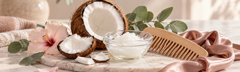 Coconut oil hair-care concept with coconut, wooden comb, and satin