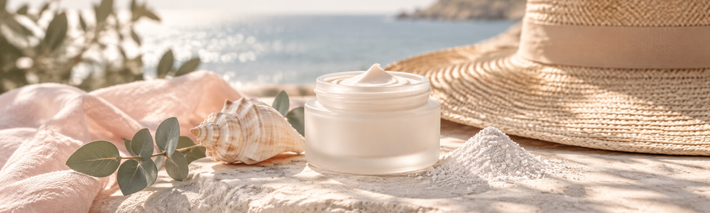 Mineral sunscreen selection concept with cream jar, sun hat, and coastal setting