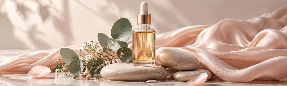 Crepey skin care concept with body oil, soft silk, botanicals, and smooth stones