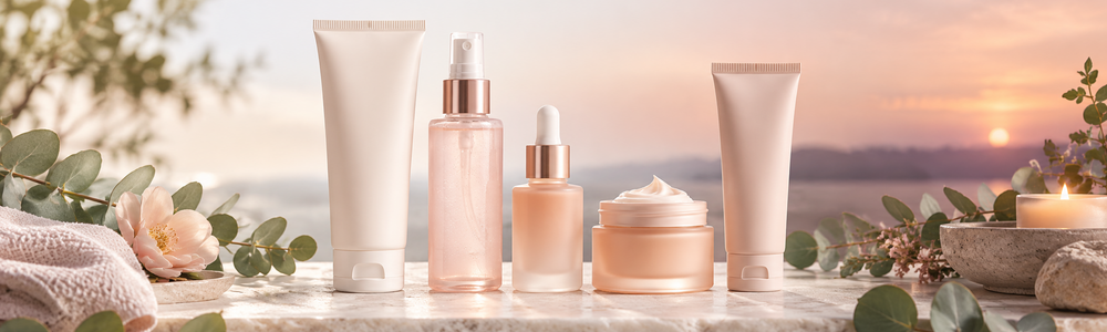Complete skincare routine concept with five coordinated unlabeled skincare vessels