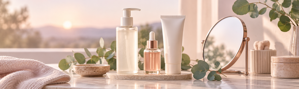 Morning skincare routine concept with cleanser, serum, sunscreen, and mirror