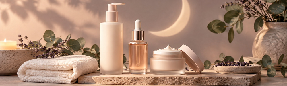 Nighttime skincare routine concept with cleanser, serum, moisturizer, and moonlight