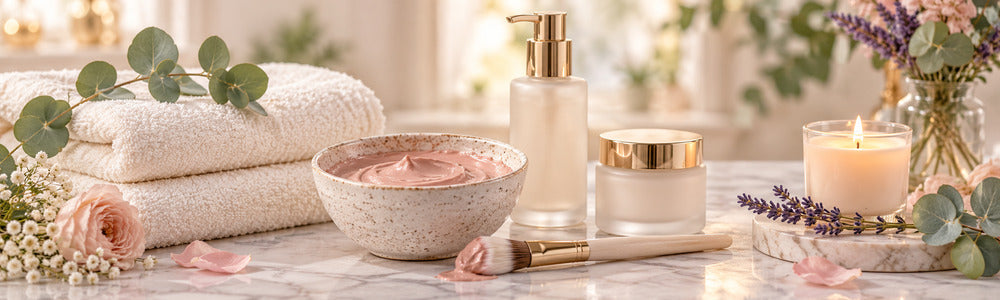 At-home spa day with towels, mask bowl, and skincare