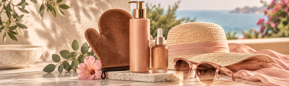 Sunless tanning essentials with mitt, drops, and sun hat