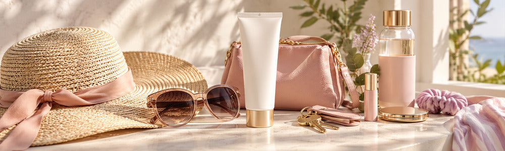 Daily sunscreen essentials with hat and sunglasses