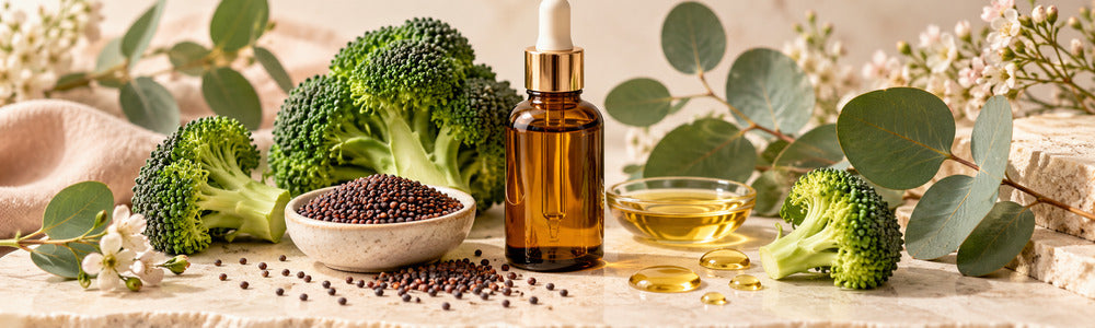 Broccoli seed oil with seeds, florets, and botanicals
