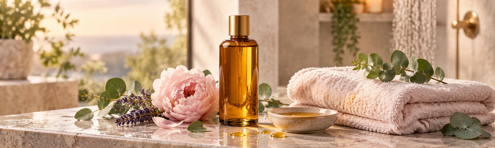 Daily body-oil ritual with botanical oil and towels