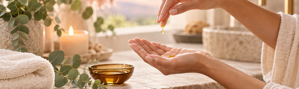 Hands applying botanical body oil in a warm spa setting
