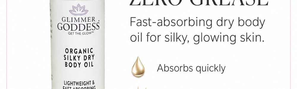 Glimmer Goddess Organic Silky Dry Body Oil featured in a guide to botanical oil benefits, limitations and skin-barrier considerations.