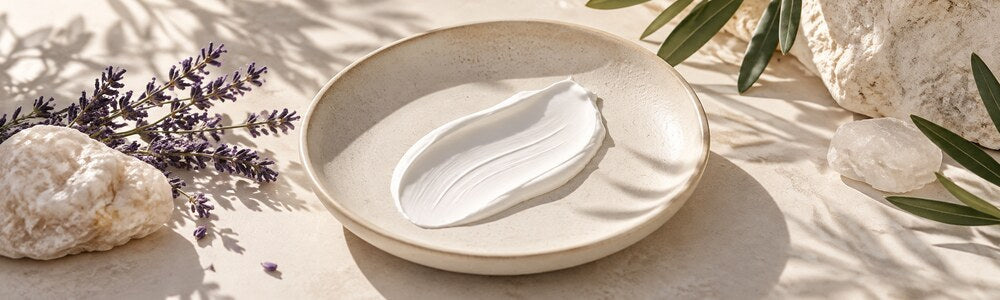 Mineral sunscreen cream texture in soft botanical light