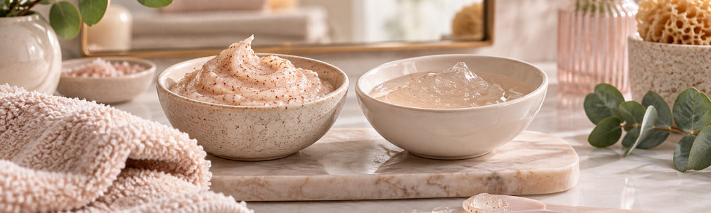 Gentle physical and chemical exfoliation textures on a spa vanity