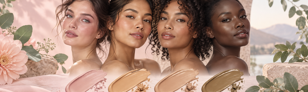 Diverse complexions and pigment swatches representing cool, warm, neutral and olive undertones