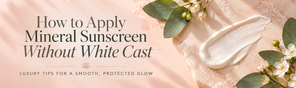 How to Apply Mineral Sunscreen Without White Cast — luxury peach botanical editorial with sunscreen texture and eucalyptus