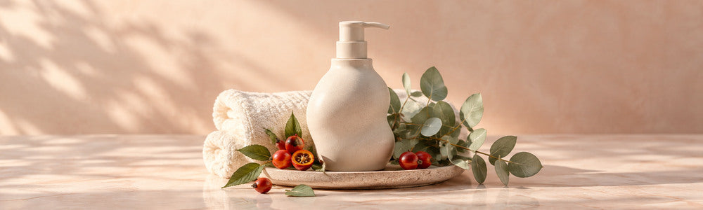 Moisturizer, rosehip, and eucalyptus arranged for a gentle age-supportive skincare ritual.