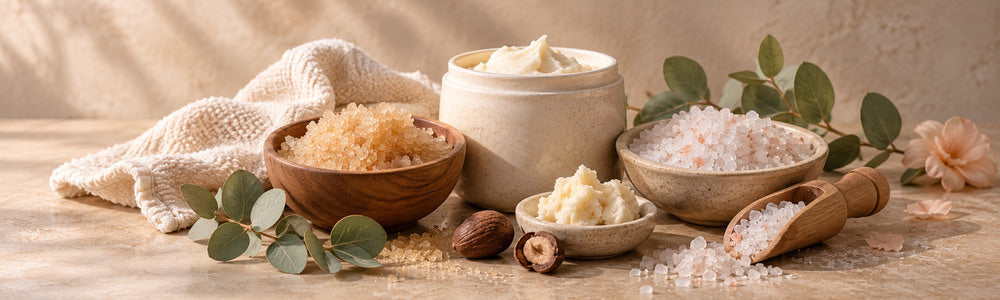 Whipped cream and sugar textures with botanicals in a warm body-care still life