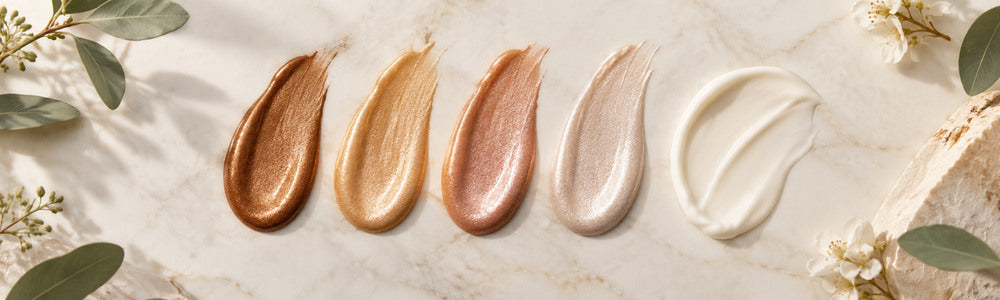 Bronze, gold, rose-gold, and pearl shimmer lotion swatches with a plain cream texture
