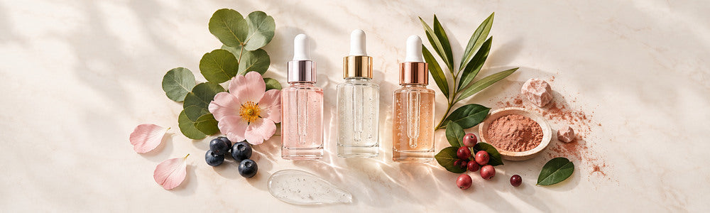 Vegan serum textures with botanicals and mineral pigments