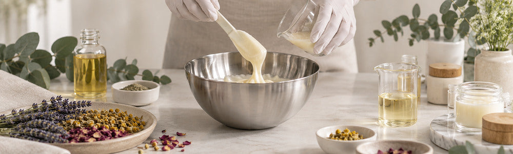 Gloved hands preparing a small-batch botanical skin care formula