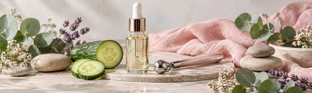 Eye care serum and cooling roller with cucumber and botanicals