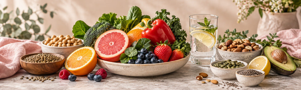 Plant-based foods with vitamin C sources, legumes, nuts, and seeds