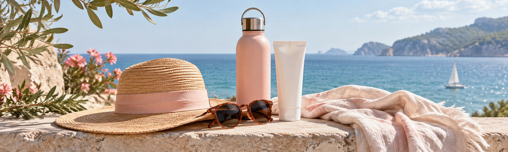 Sun-safe outdoor essentials with sunscreen, hat, sunglasses, and water