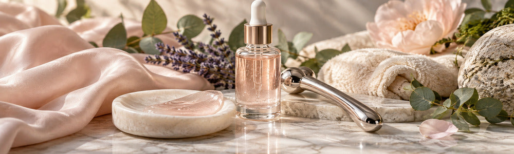 Eye-area serum and cooling roller in a soft botanical skincare setting