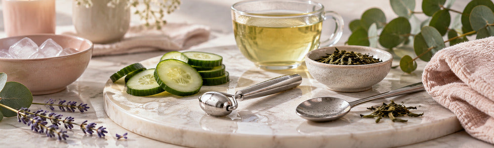 Cooling roller, cucumber, tea, and chilled spoon for under-eye puffiness