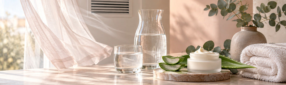 Air-conditioned room with water, aloe, and moisturizer for dry skin care