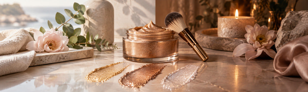 Day-to-night body shimmer scene with gold, bronze, and diamond swatches