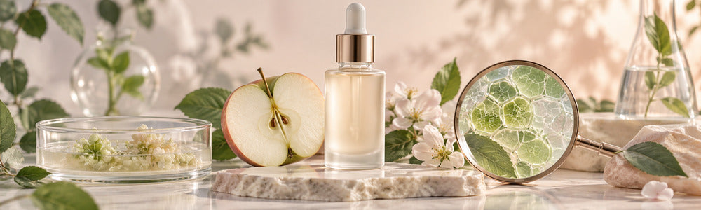 Botanical stem-cell skincare concept with apple, plant culture, serum, and magnified leaf cells