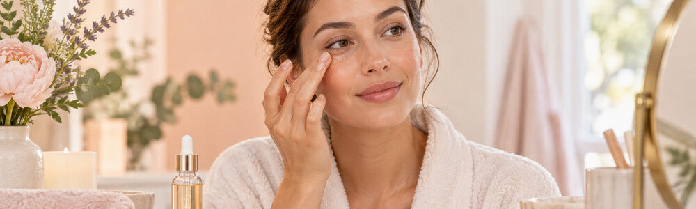 Woman tapping serum beneath her eye for a practical eye serum FAQ