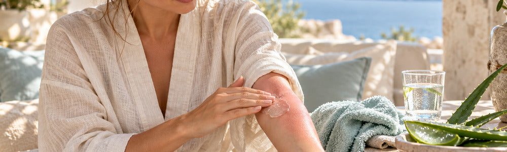 Woman soothing mildly sun-exposed forearm with cooling after-sun care