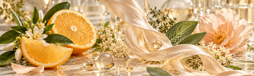 Vitamin C botanicals and peptide-inspired ribbons for anti-aging skin care