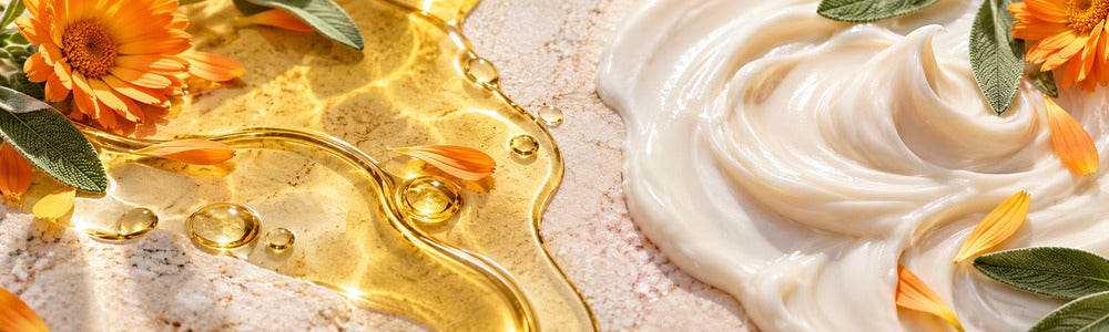Botanical body oil and moisturizing cream textures compared side by side