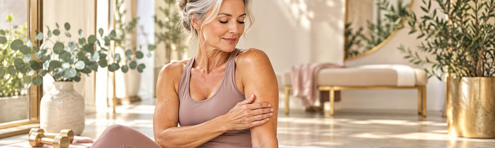 Mature woman examining upper-arm skin after gentle strength training