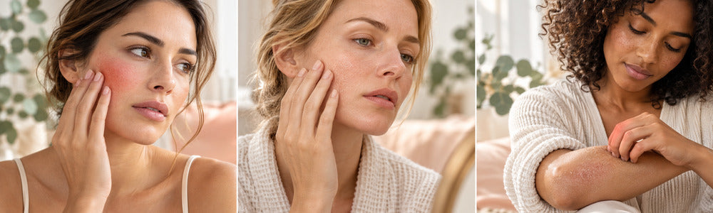 Three women illustrating sensitive skin, barrier irritation and eczema symptoms