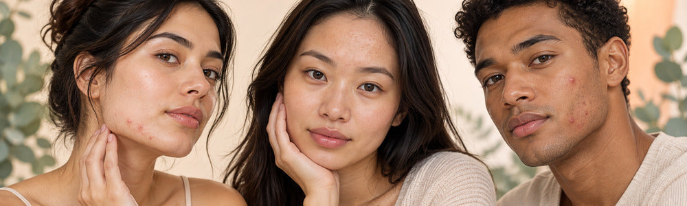 Three adults showing different mild facial breakout patterns in a skincare editorial