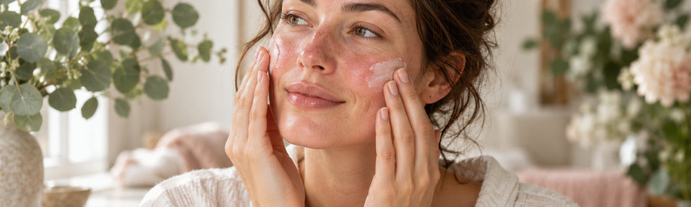 Woman gently applying moisturizer to rosacea-prone facial skin