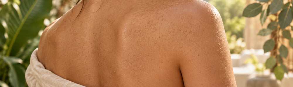 Woman with subtle uniform follicular bumps across the upper back