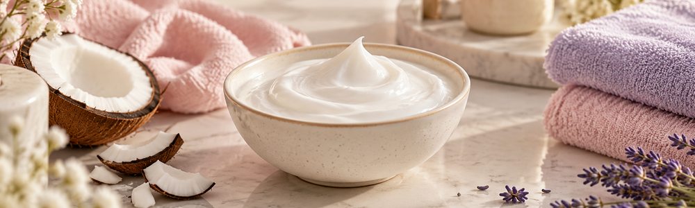 Creamy coconut milk body lotion with coconut and pastel towels