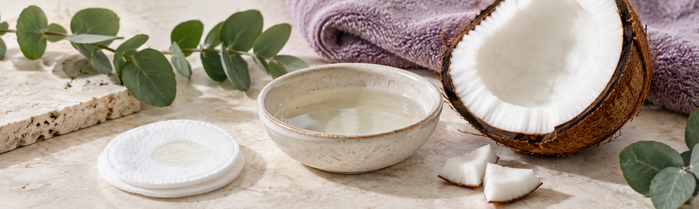 Coconut oil skincare still life with coconut and lavender towel