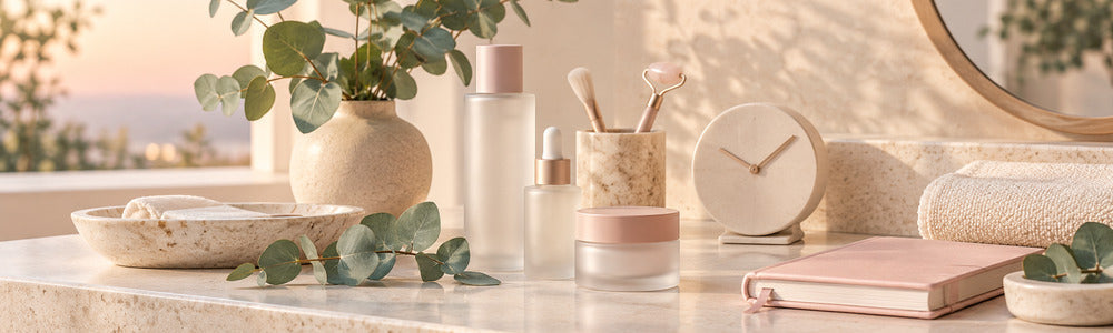 A calm skincare ritual with journal, clock, eucalyptus, and simple unlabeled skincare vessels.