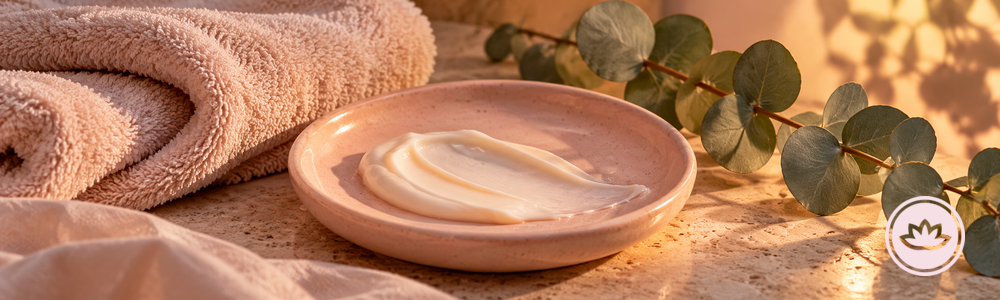 Glimmer Goddess night moisturizer guide banner with a cream swatch, soft towels, botanical leaves, and lotus brand mark