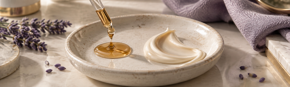 Self-tanning drops and lotion textures side by side