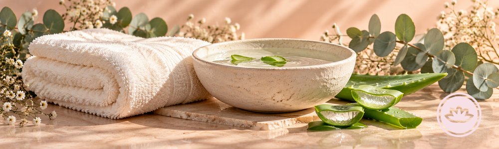Glimmer Goddess sensitive skin routine banner with soft towels, aloe, a water bowl, and the brand lotus mark